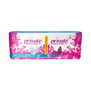 PRIVATE NATURAL COTTON EXTRA THIN BREATHABLE FEMININE PADS — 16 FEMININE PADS SUPER WITH WINGS